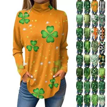 Женская мода Повседневная свободная водолазка St. Футболки с принтом ко Дню Святого Патрика L циан