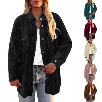 Женская мода, повседневная толстая блузка, вельветовое пальто с лацканами и пуговицами, свободное пальто с длинным рукавом XL чёрный