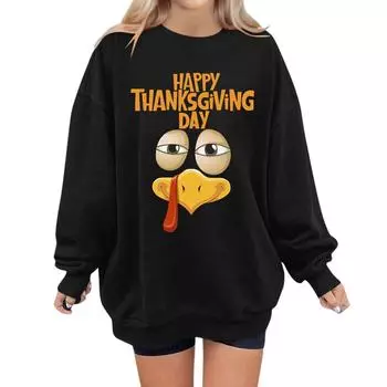 Женская мода повседневная толстовка с длинным рукавом и принтом ко Дню благодарения L чёрный