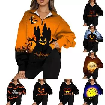 Женская мода повседневная толстовка с длинным рукавом и принтом на Хэллоуин с застежкой-молнией и воротником-стойкой с заниженными плечами L чёрный