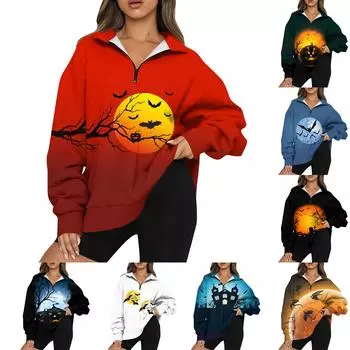 Женская мода повседневная толстовка с длинным рукавом и принтом на Хэллоуин с застежкой-молнией и воротником-стойкой с заниженными плечами L чёрный