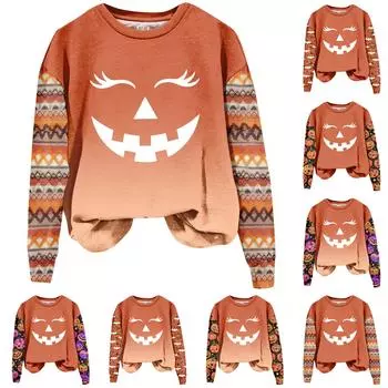 Женская мода повседневная толстовка с длинным рукавом и круглым вырезом с принтом на Хэллоуин M