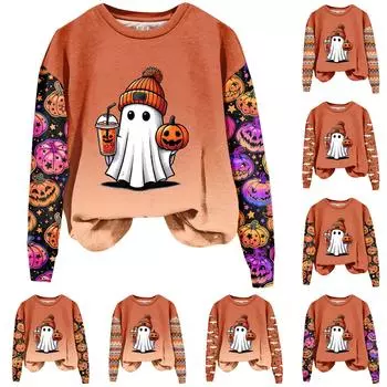 Женская мода повседневная толстовка с длинным рукавом и круглым вырезом с принтом на Хэллоуин L чёрный