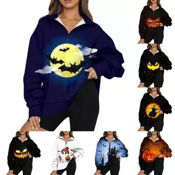 Женская мода повседневная толстовка с длинным рукавом и принтом на Хэллоуин с застежкой-молнией и воротником-стойкой с заниженными плечами L чёрный
