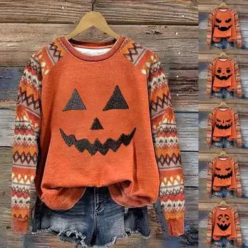 Женская мода повседневная толстовка с длинным рукавом и вставкой на плече с принтом на Хэллоуин с круглым вырезом XXL чёрный