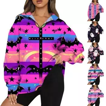 Женская мода повседневная толстовка с длинным рукавом и принтом на молнии с высоким воротом и заниженными плечами S