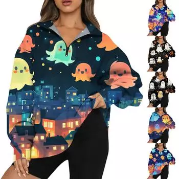 Женская мода повседневная толстовка с длинным рукавом и принтом на молнии с высоким воротом и заниженными плечами XL