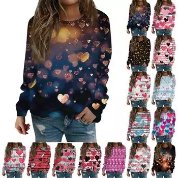 Женская мода, повседневная толстовка с длинным рукавом, топ с круглым вырезом и принтом ко Дню святого Валентина L чёрный