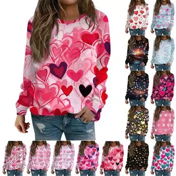 Женская мода, повседневная толстовка с длинным рукавом, топ с круглым вырезом и принтом ко Дню святого Валентина L