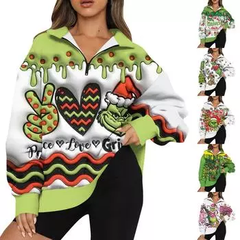 Женская мода повседневная толстовка с длинным рукавом и принтом на молнии с высоким воротом и заниженными плечами L зелёный