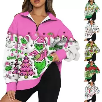 Женская мода повседневная толстовка с длинным рукавом и принтом на молнии с высоким воротом и заниженными плечами L