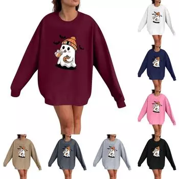 Женская мода Повседневная толстовка с длинным рукавом и принтом на Хэллоуин с круглым вырезом Топ XXL чёрный