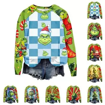 Женская мода повседневная толстовка с длинным рукавом и принтом рождественского Гринчмаса с круглым вырезом и реглан XL