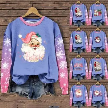 Женская мода повседневная толстовка с длинным рукавом и принтом Санта-Клауса с круглым вырезом XXXL