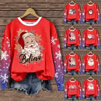 Женская мода повседневная толстовка с длинным рукавом и принтом Санта-Клауса с круглым вырезом L чёрный