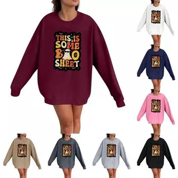 Женская мода Повседневная толстовка с длинным рукавом и принтом на Хэллоуин с круглым вырезом Топ XXL чёрный