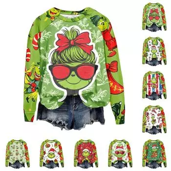 Женская мода повседневная толстовка с длинным рукавом и принтом рождественского Гринчмаса с круглым вырезом и реглан XXXL