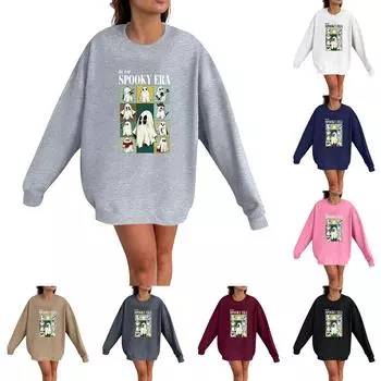 Женская мода Повседневная толстовка с длинным рукавом и принтом на Хэллоуин с круглым вырезом Топ S