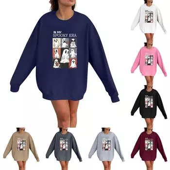 Женская мода Повседневная толстовка с длинным рукавом и принтом на Хэллоуин с круглым вырезом Топ XXL