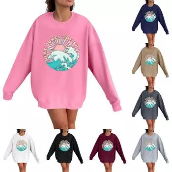 Женская мода повседневная толстовка с длинным рукавом и круглым вырезом с принтом L чёрный