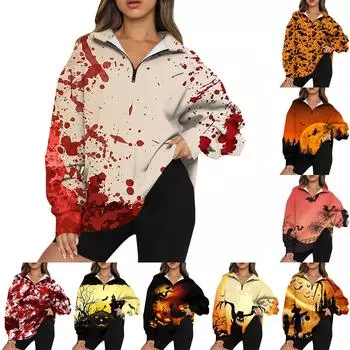Женская мода повседневная толстовка с длинным рукавом и принтом на Хэллоуин с застежкой-молнией и воротником-стойкой с заниженными плечами L чёрный
