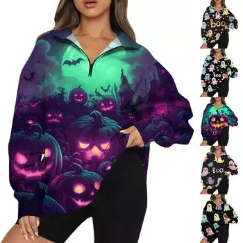 Женская мода повседневная толстовка с длинным рукавом и принтом на молнии с высоким воротом и заниженными плечами L бежевый