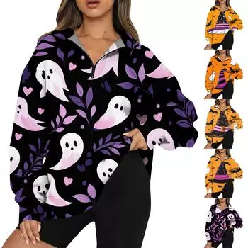 Женская мода повседневная толстовка с длинным рукавом и принтом на молнии с высоким воротом и заниженными плечами S