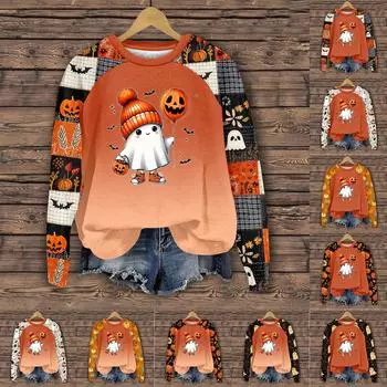 Женская мода повседневная толстовка с длинным рукавом и вставкой на плече с принтом на Хэллоуин с круглым вырезом M