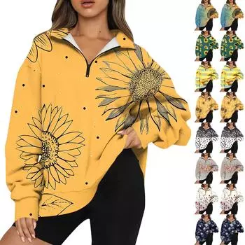 Женская мода повседневная толстовка с длинным рукавом и принтом на молнии с высоким воротом и заниженными плечами XXXL