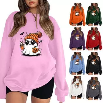 Женская мода повседневная толстовка с длинным рукавом на Хэллоуин с милым призраком и повседневным свитшотом большого размера XXXL розовый