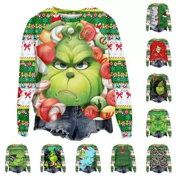 Женская мода повседневная толстовка с длинным рукавом и вставкой на плече с принтом на Хэллоуин с круглым вырезом XXL розовый