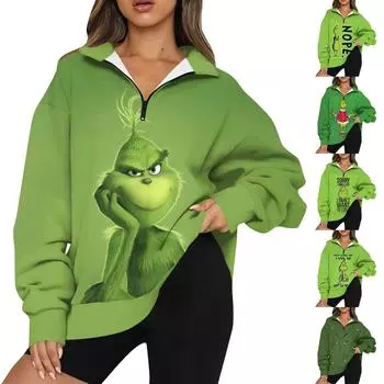 Женская мода повседневная толстовка с длинным рукавом и принтом на молнии с высоким воротом и заниженными плечами L армия зеленый