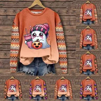 Женская мода повседневная толстовка с длинным рукавом и круглым вырезом с принтом на Хэллоуин M чёрный