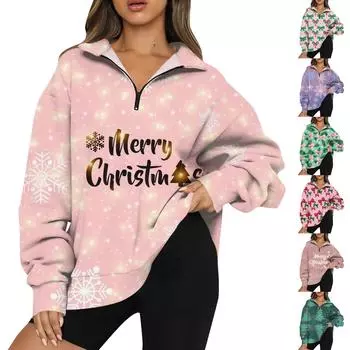 Женская мода повседневная толстовка с длинным рукавом и принтом на молнии с высоким воротом и заниженными плечами S