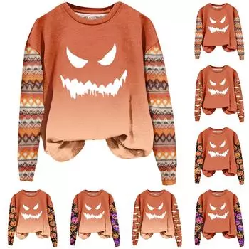 Женская мода повседневная толстовка с длинным рукавом и круглым вырезом с принтом на Хэллоуин M бежевый