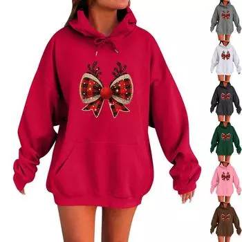 Женская мода повседневная толстовка с длинным рукавом и круглым вырезом с принтом банта с капюшоном пуловер L чёрный