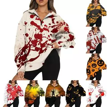 Женская мода повседневная толстовка с длинным рукавом и принтом на Хэллоуин с застежкой-молнией и воротником-стойкой с заниженными плечами L чёрный