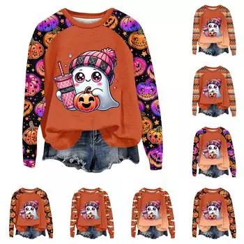 Женская мода повседневная толстовка с длинным рукавом и вставкой на плече с принтом на Хэллоуин с круглым вырезом S хаки