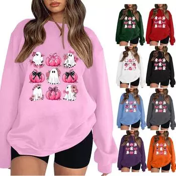 Женская мода повседневная толстовка с длинным рукавом на Хэллоуин с милым призраком и повседневным свитшотом большого размера XXXL розовый