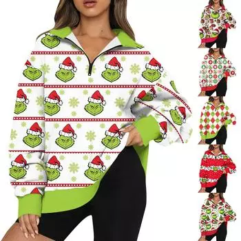 Женская мода повседневная толстовка с длинным рукавом и принтом на Хэллоуин с застежкой-молнией и воротником-стойкой с заниженными плечами XXL