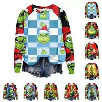 Женская мода повседневная толстовка с длинным рукавом и принтом рождественского Гринчмаса с круглым вырезом и реглан XXL синий