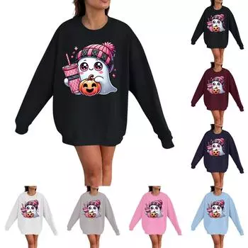 Женская мода повседневная толстовка с длинным рукавом и принтом на Хэллоуин с круглым вырезом XXXL тёмно-синий