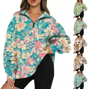 Женская мода повседневная толстовка с длинным рукавом и принтом на молнии с высоким воротом и заниженными плечами L верблюд