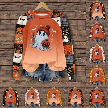 Женская мода повседневная толстовка с длинным рукавом и вставкой на плече с принтом на Хэллоуин с круглым вырезом XXXL