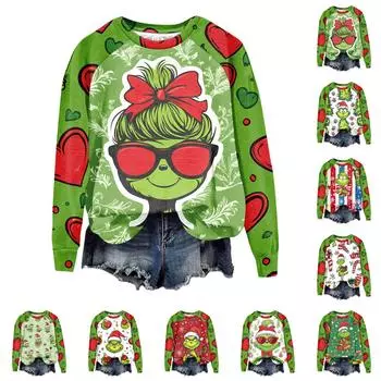 Женская мода повседневная толстовка с длинным рукавом и принтом рождественского Гринчмаса с круглым вырезом и реглан S