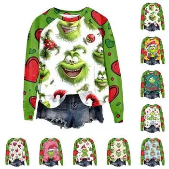 Женская мода повседневная толстовка с длинным рукавом и принтом рождественского Гринчмаса с круглым вырезом и реглан L розовый