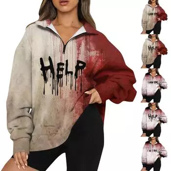 Женская мода повседневная толстовка с длинным рукавом и принтом на молнии с высоким воротом и заниженными плечами L чёрный