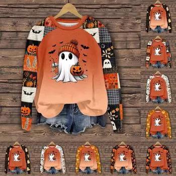 Женская мода повседневная толстовка с длинным рукавом и вставкой на плече с принтом на Хэллоуин с круглым вырезом XL оранжевый