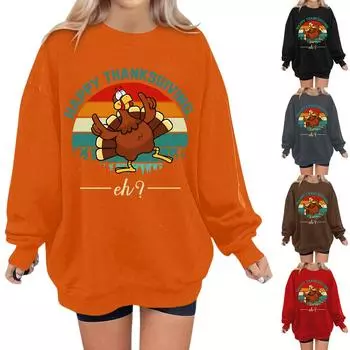 Женская мода повседневная толстовка с длинным рукавом и принтом ко Дню благодарения XL чёрный