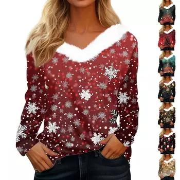 Женская мода повседневная толстовка с длинным рукавом и рождественским принтом, плюшевый воротник, V-образный вырез XXL